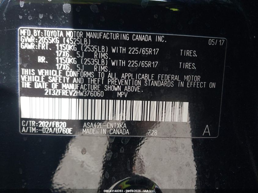 2017 Toyota Rav4 Le VIN: 2T3ZFREV2HW376060 Lot: 43148393