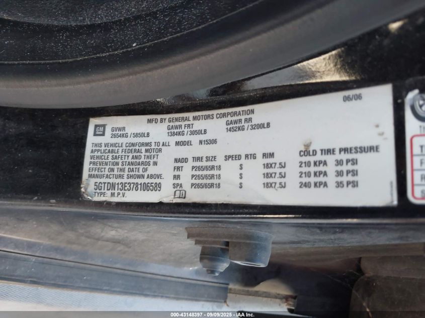 2007 Hummer H3 Suv VIN: 5GTDN13E378106589 Lot: 43148397