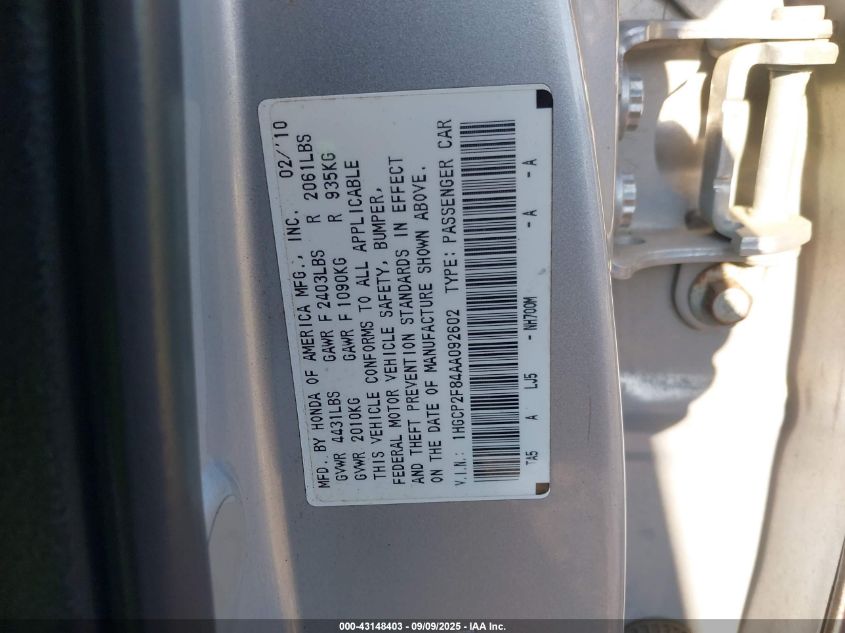 2010 Honda Accord Exl VIN: 1HGCP2F84AA092602 Lot: 43148403