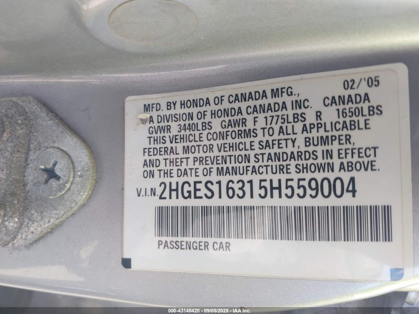 2005 Honda Civic Vp VIN: 2HGES16315H559004 Lot: 43148420