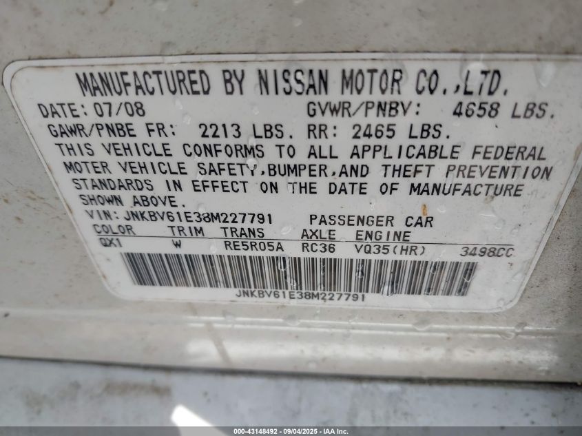2008 Infiniti G35 Journey VIN: JNKBV61E38M227791 Lot: 43148492
