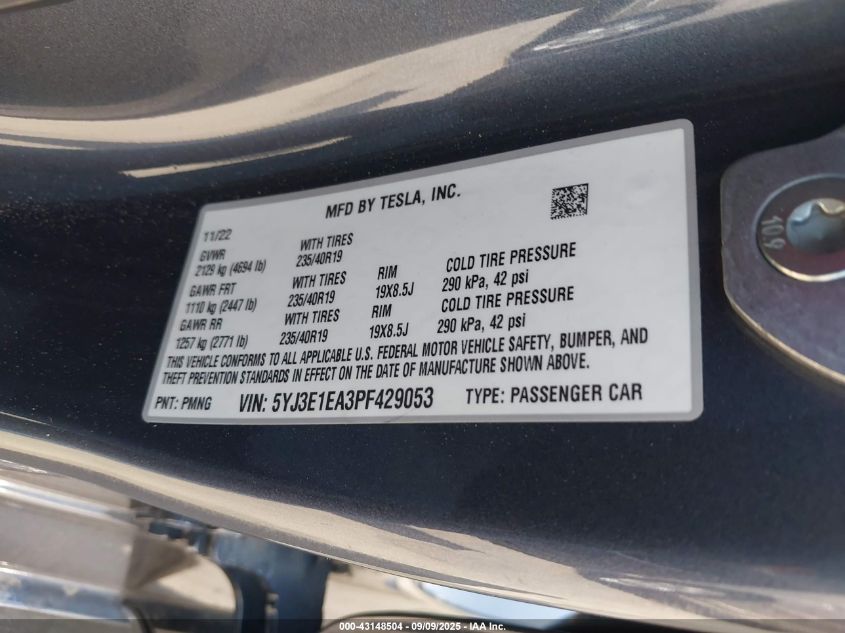 2023 Tesla Model 3 Rear-Wheel Drive VIN: 5YJ3E1EA3PF429053 Lot: 43148504