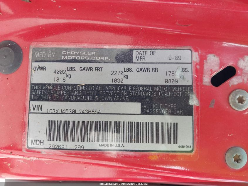 1990 Chrysler Lebaron VIN: 1C3XJ4530LG436854 Lot: 43148525