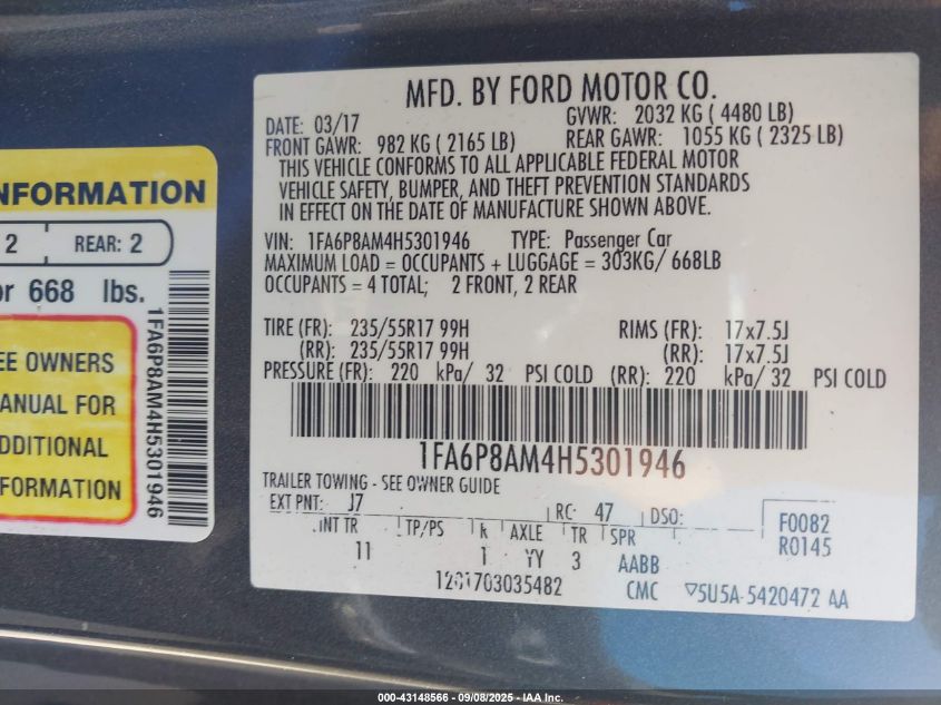 2017 Ford Mustang V6 VIN: 1FA6P8AM4H5301946 Lot: 43148566