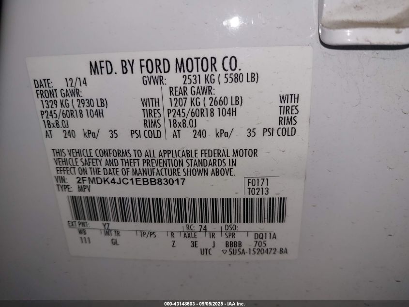 2014 Ford Edge Sel VIN: 2FMDK4JC1EBB83017 Lot: 43148603