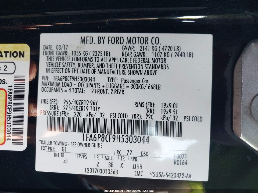 2017 Ford Mustang Gt Premium VIN: 1FA6P8CF9H5303044 Lot: 43148609