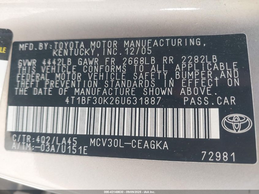 2006 Toyota Camry Xle V6 VIN: 4T1BF30K26U631887 Lot: 43148630