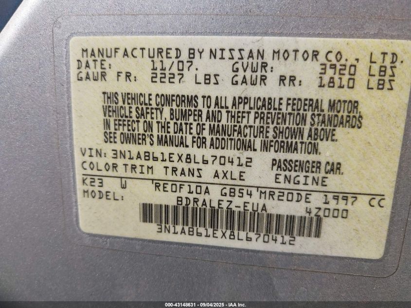 2008 Nissan Sentra 2.0S VIN: 3N1AB61EX8L670412 Lot: 43148631