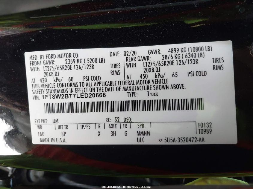 2020 Ford F-250 King Ranch VIN: 1FT8W2BT7LED20668 Lot: 43148655