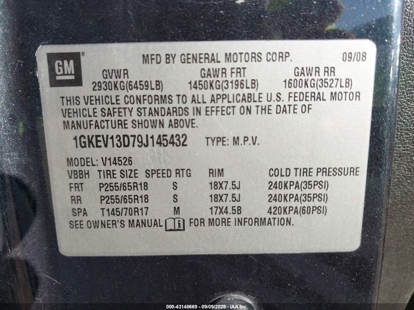 2009 GMC Acadia Sle-1 VIN: 1GKEV13D79J145432 Lot: 43148669