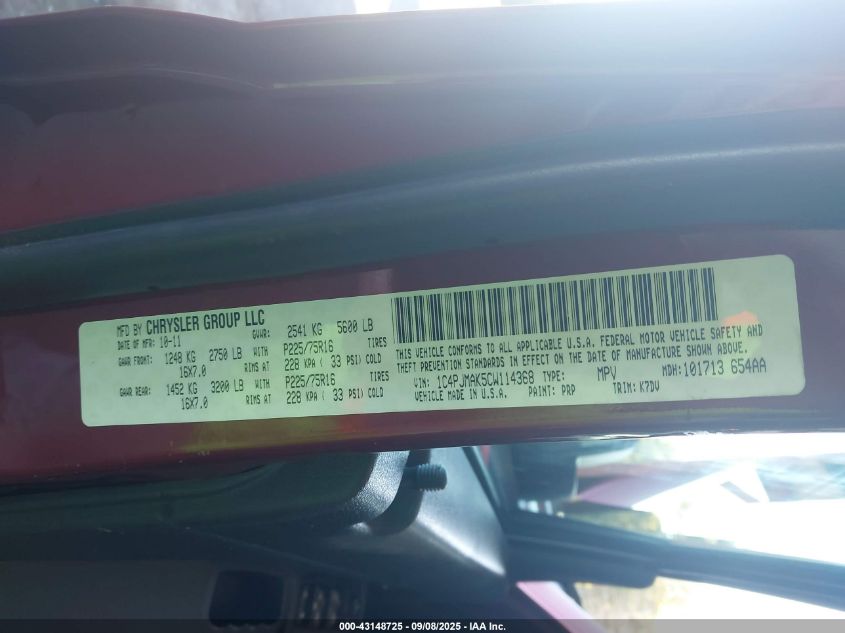 2012 Jeep Liberty Sport VIN: 1C4PJMAK5CW114368 Lot: 43148725