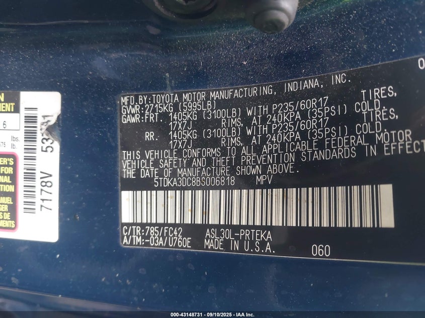 2011 Toyota Sienna Le VIN: 5TDKA3DC8BS006818 Lot: 43148731