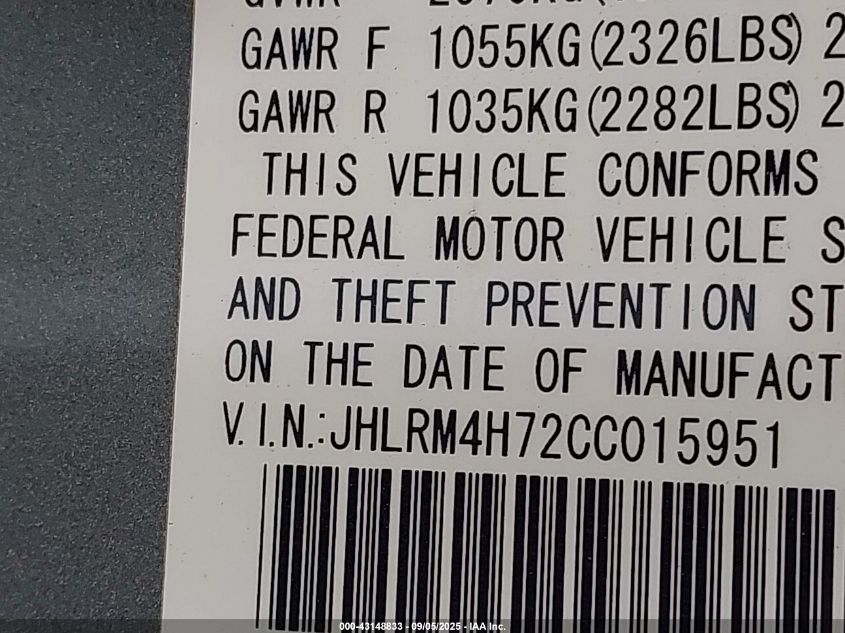 2012 Honda Cr-V Ex-L VIN: JHLRM4H72CC015951 Lot: 43148833