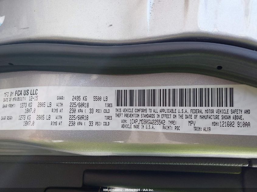 2016 Jeep Cherokee Limited VIN: 1C4PJMDB0GW225542 Lot: 43148852