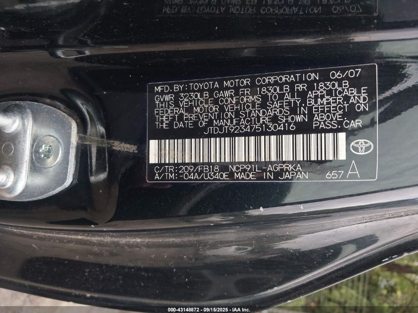 2007 Toyota Yaris VIN: JTDJT923475130416 Lot: 43148872