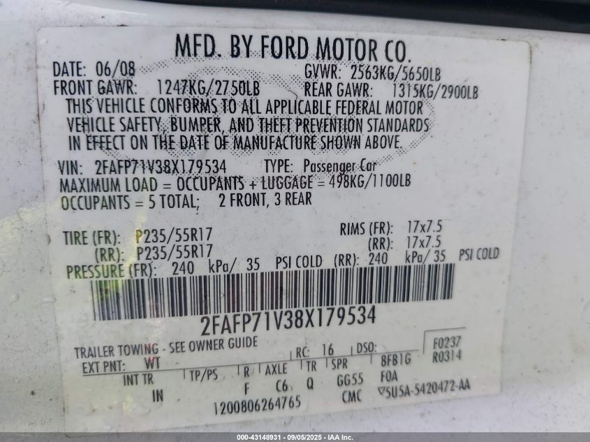 2008 Ford Crown Victoria Police/Police Interceptor VIN: 2FAFP71V38X179534 Lot: 43148931