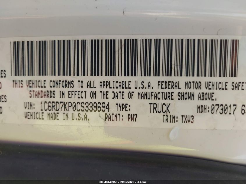 2012 Ram 1500 St VIN: 1C6RD7KP0CS339694 Lot: 43148956