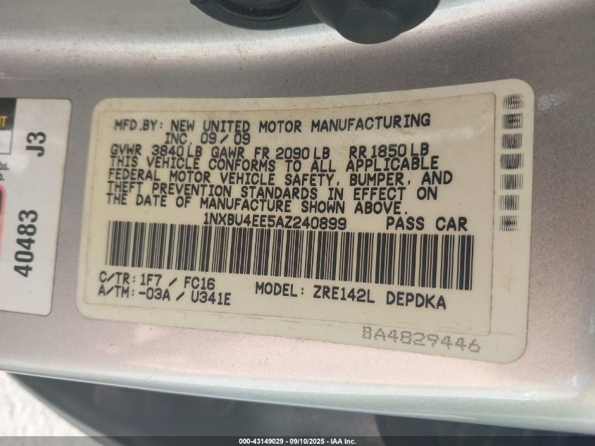 2010 Toyota Corolla Le VIN: 1NXBU4EE5AZ240899 Lot: 43149029