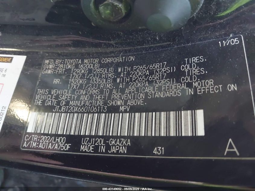 2006 Lexus Gx 470 VIN: JTJBT20X660106113 Lot: 43149052