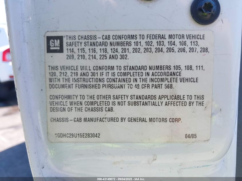 2005 GMC Sierra 2500Hd Work Truck VIN: 1GDHC29U15E283042 Lot: 43149072