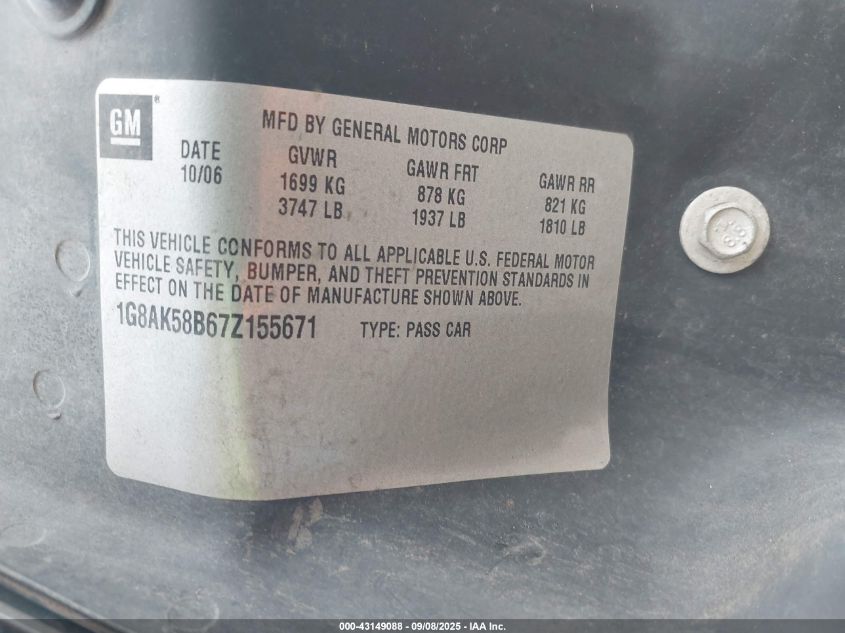 2007 Saturn Ion 3 VIN: 1G8AK58B67Z155671 Lot: 43149088