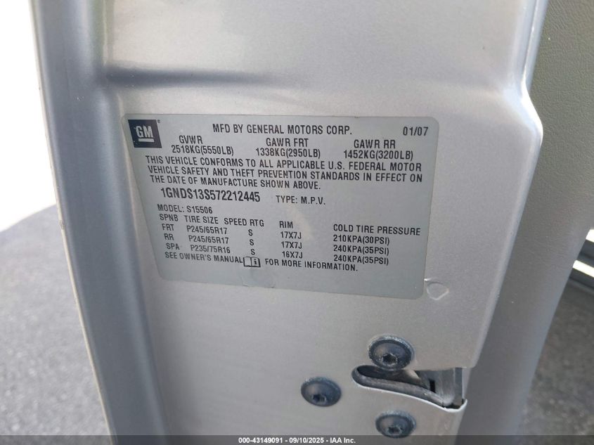 2007 Chevrolet Trailblazer Ls VIN: 1GNDS13S572212445 Lot: 43149091