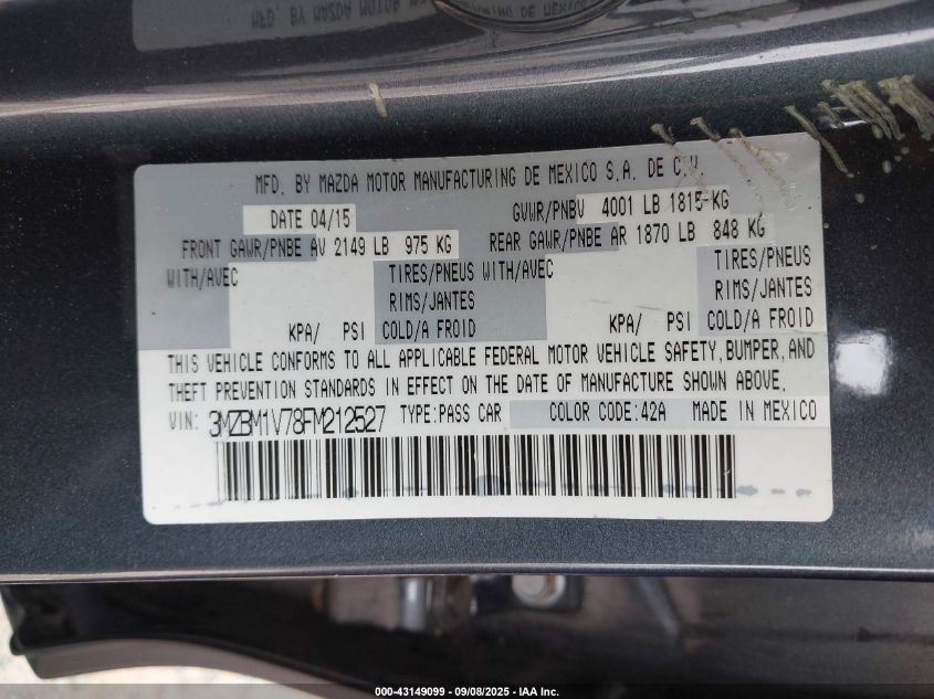 2015 Mazda Mazda3 I Touring VIN: 3MZBM1V78FM212527 Lot: 43149099