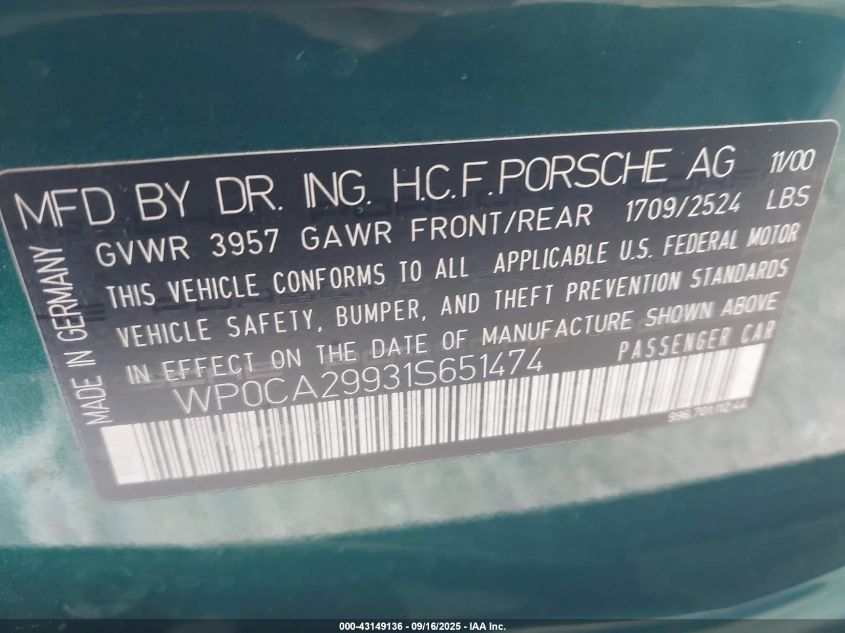 2001 Porsche 911 Carrera/Carrera 4 VIN: WP0CA29931S651474 Lot: 43149136