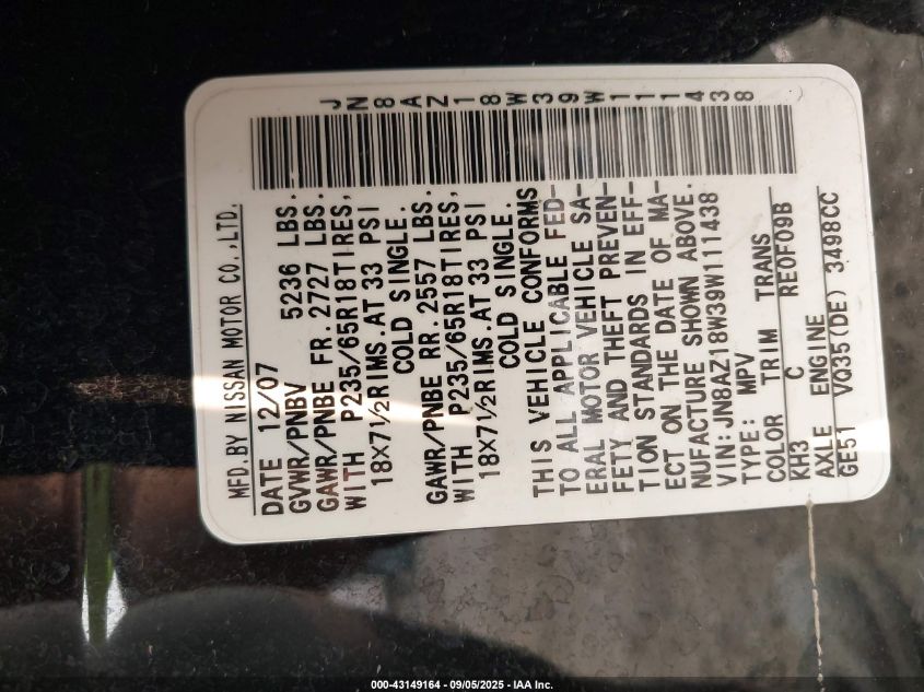 2009 Nissan Murano S VIN: JN8AZ18W39W111438 Lot: 43149164