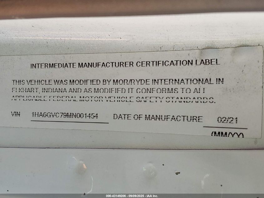 2021 Chevrolet Express G4500 VIN: 1HA6GVC79MN001454 Lot: 43149206