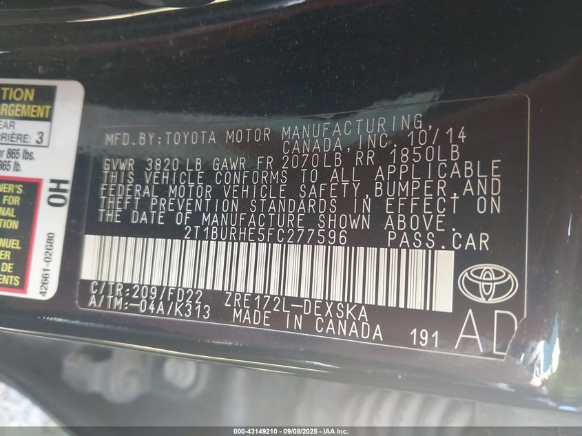 2015 Toyota Corolla S Plus VIN: 2T1BURHE5FC277596 Lot: 43149210