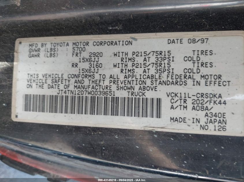 1998 Toyota T100 Dx V6 VIN: JT4TN12D7W0039651 Lot: 43149216