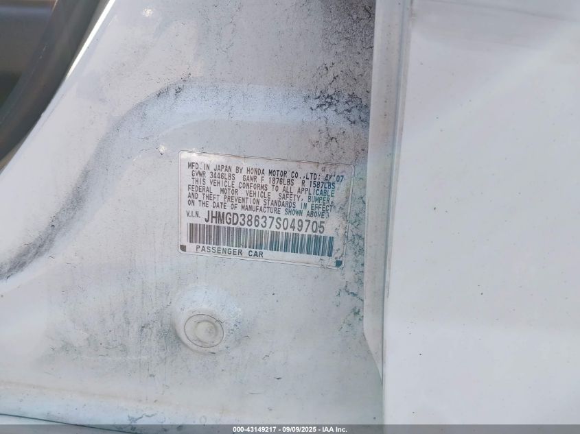 2007 Honda Fit Sport VIN: JHMGD38637S049705 Lot: 43149217