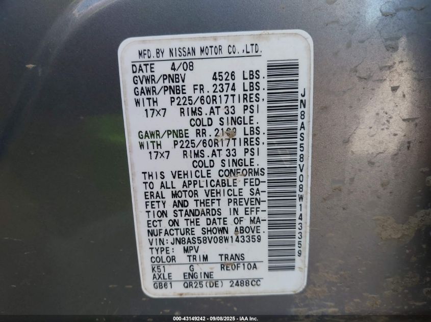 2008 Nissan Rogue Sl VIN: JN8AS58V08W143359 Lot: 43149242