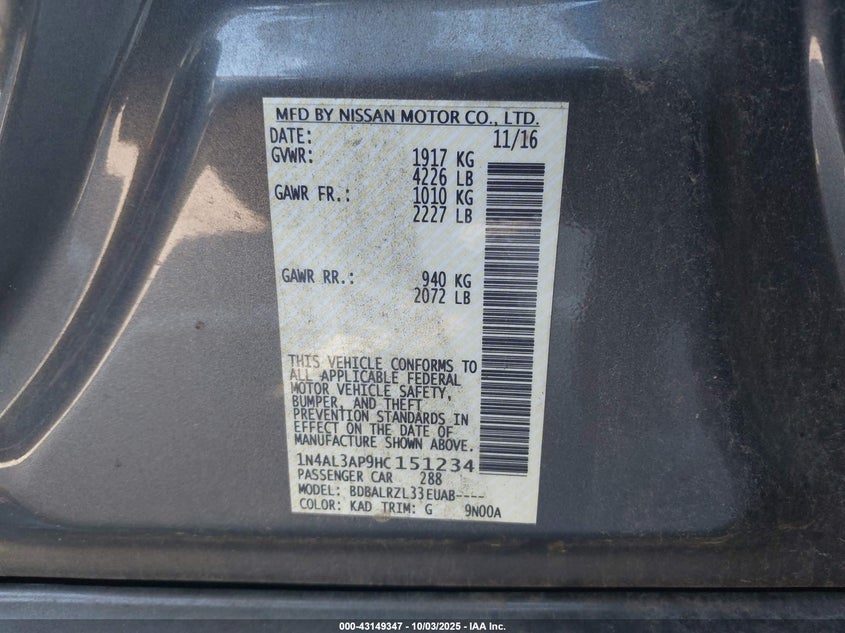 2017 Nissan Altima 2.5 Sl VIN: 1N4AL3AP9HC151234 Lot: 43149347