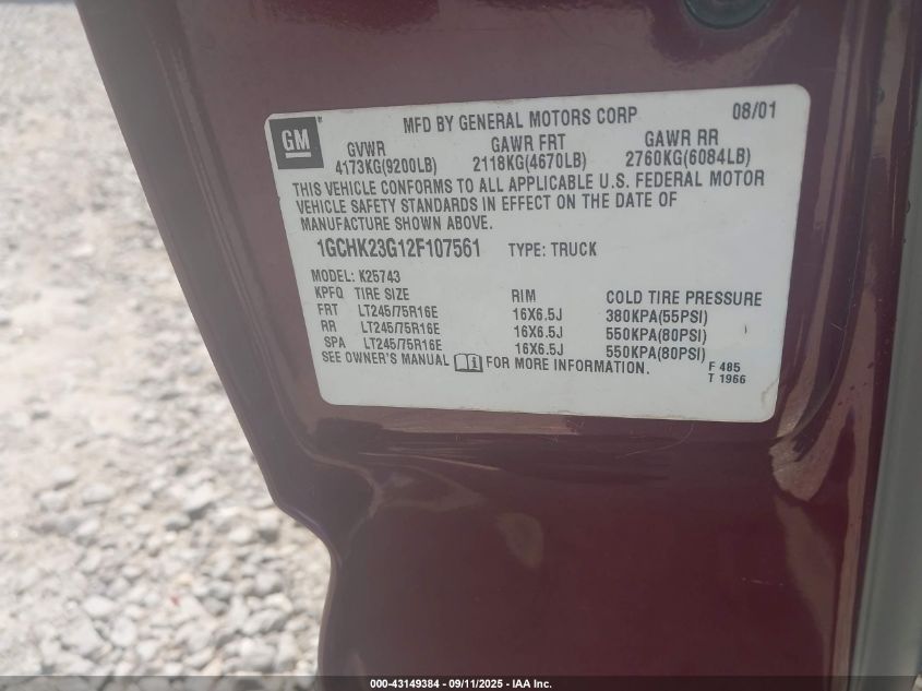 2002 Chevrolet Silverado 2500Hd Lt VIN: 1GCHK23G12F107561 Lot: 43149384