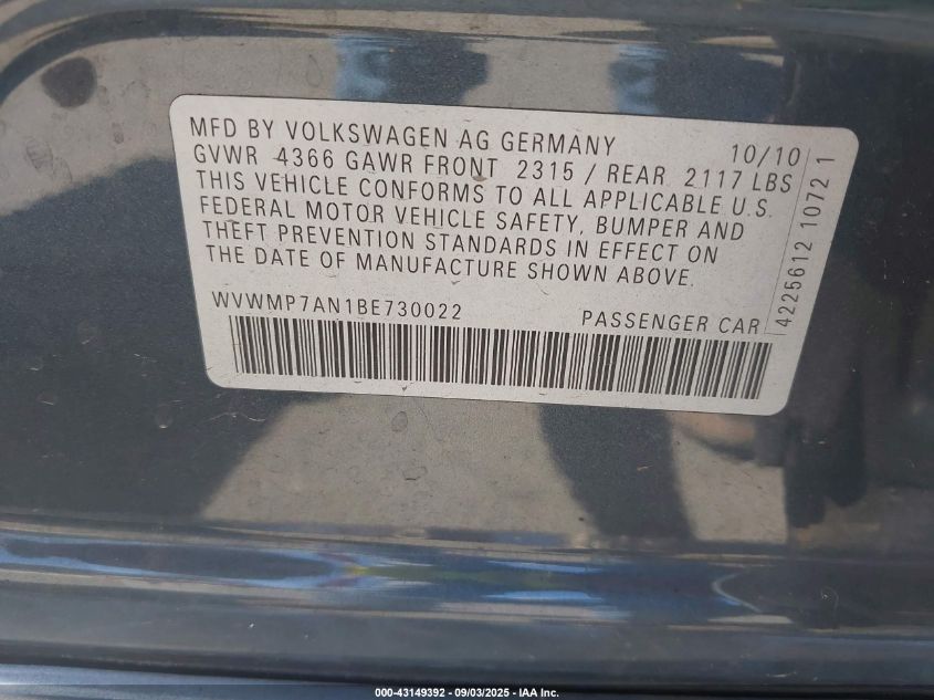 2011 Volkswagen Cc Sport VIN: WVWMP7AN1BE730022 Lot: 43149392