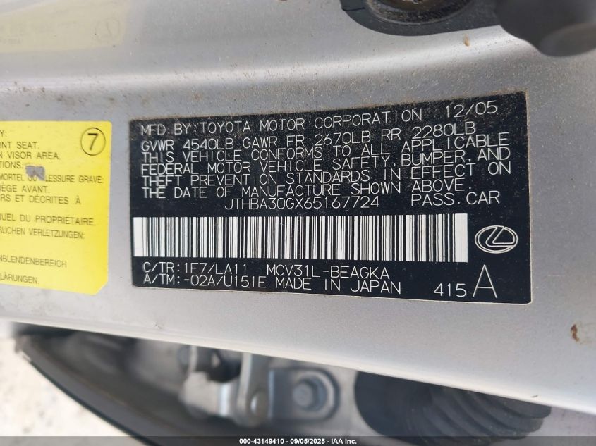 2006 Lexus Es 330 VIN: JTHBA30GX65167724 Lot: 43149410