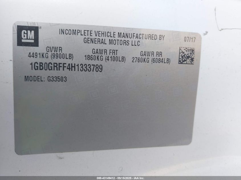 2017 Chevrolet Express G3500 Work Van VIN: 1GB0GRFF4H1333789 Lot: 43149412