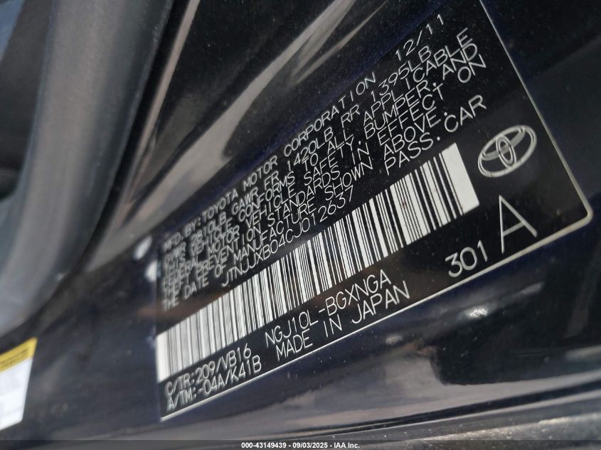 2012 Scion Iq VIN: JTNJJXB04CJ012637 Lot: 43149439