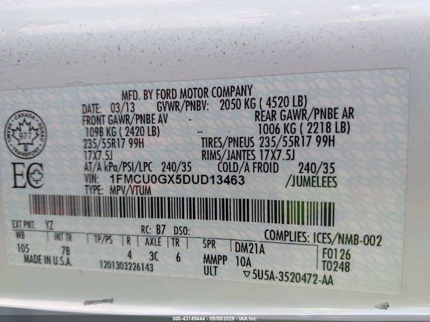 2013 Ford Escape Se VIN: 1FMCU0GX5DUD13463 Lot: 43149444