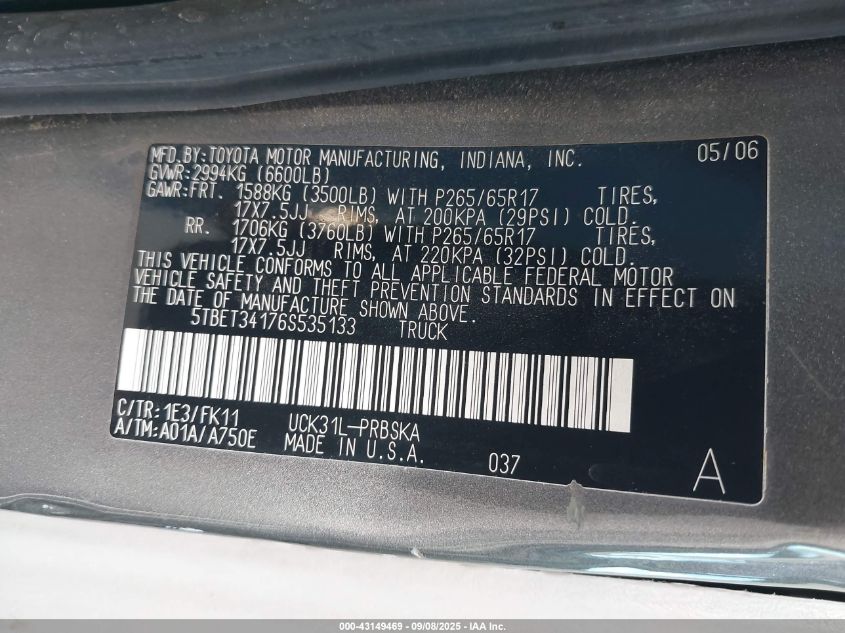 2006 Toyota Tundra Sr5 V8 VIN: 5TBET34176S535133 Lot: 43149469