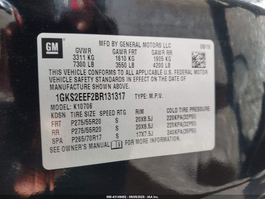 2011 GMC Yukon Denali VIN: 1GKS2EEF2BR131317 Lot: 43149492