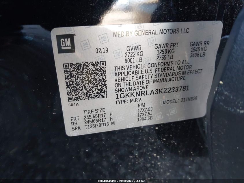 2019 GMC Acadia Sle-1 VIN: 1GKKNRLA3KZ233781 Lot: 43149497