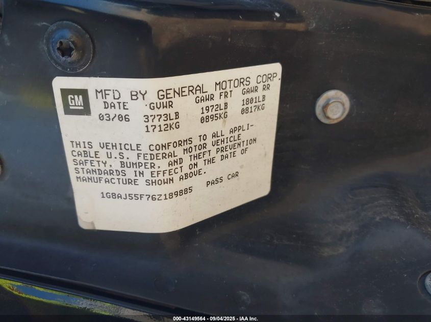 2006 Saturn Ion 2 VIN: 1G8AJ55F76Z189885 Lot: 43149564