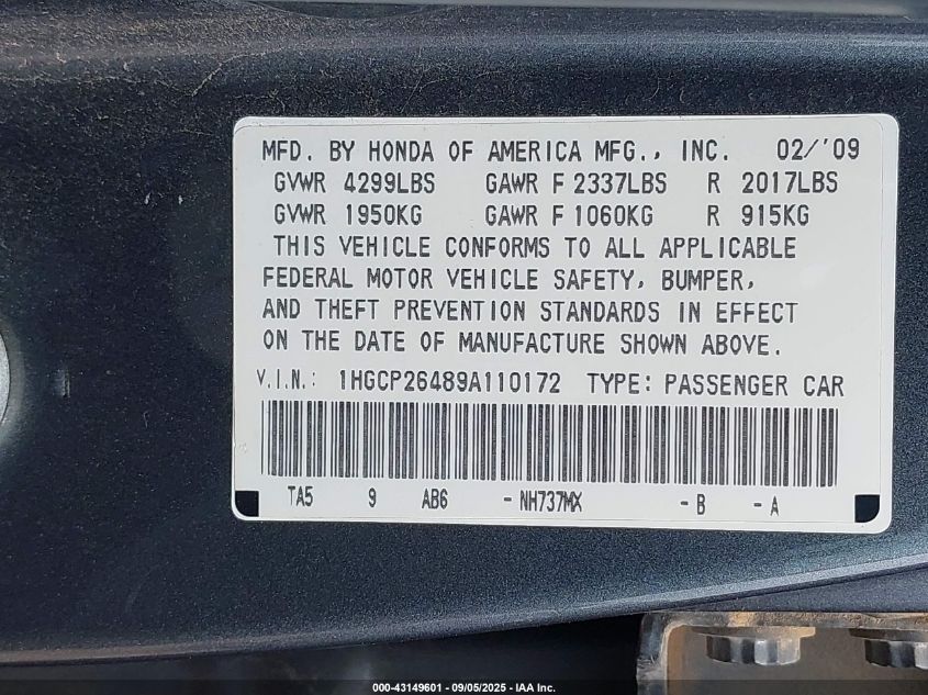 2009 Honda Accord 2.4 Lx-P VIN: 1HGCP26489A110172 Lot: 43149601