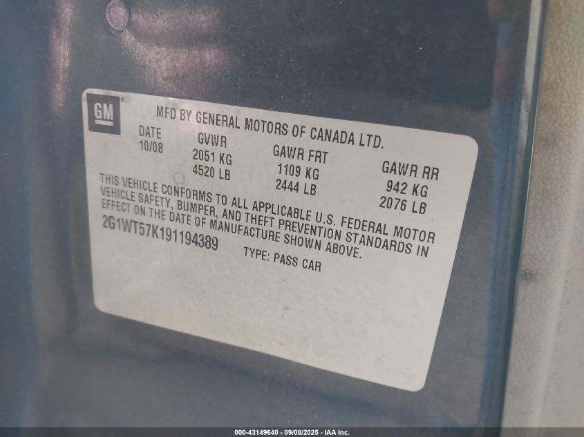 2009 Chevrolet Impala Lt VIN: 2G1WT57K191194389 Lot: 43149640