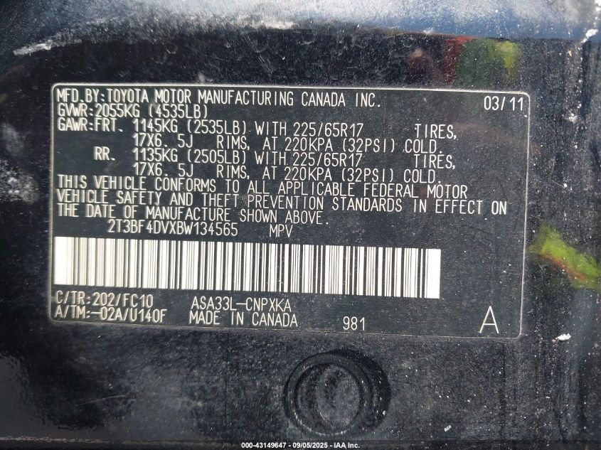 2011 Toyota Rav4 VIN: 2T3BF4DVXBW134565 Lot: 43149647