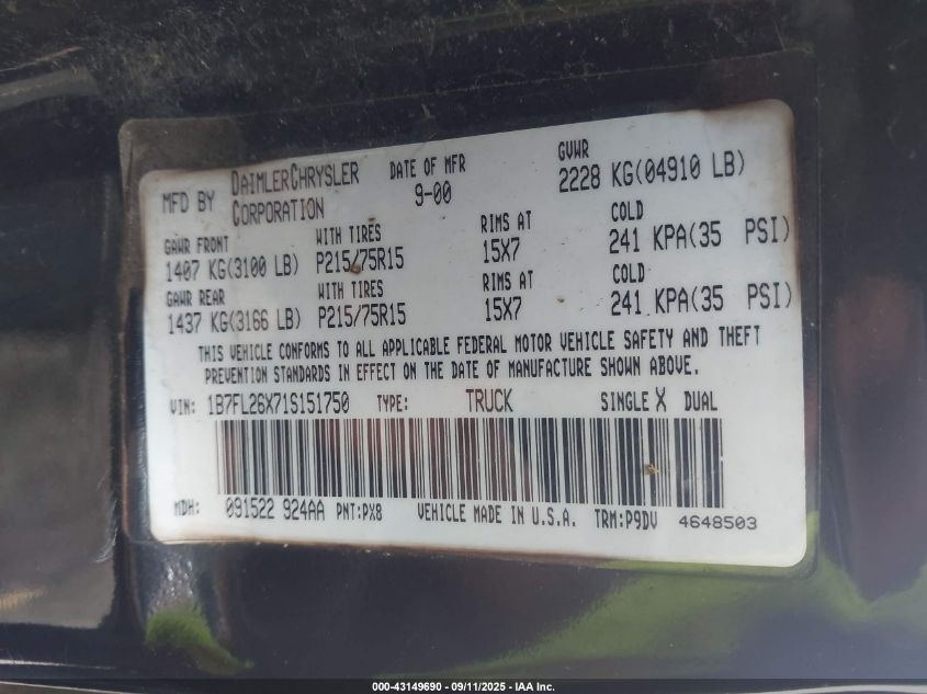 2001 Dodge Dakota Slt/Sport VIN: 1B7FL26X71S151750 Lot: 43149690