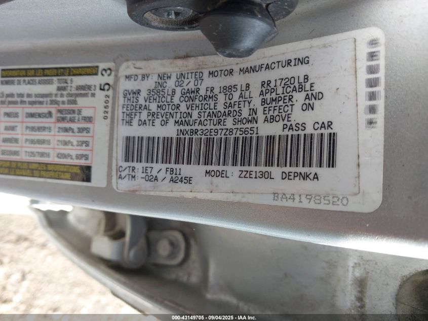 2007 Toyota Corolla Le VIN: 1NXBR32E97Z875651 Lot: 43149705